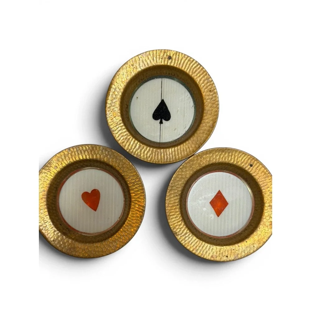 Vintage Playing Card Suit Coasters Set Hammered Brass Glass Gold Poker Game Room